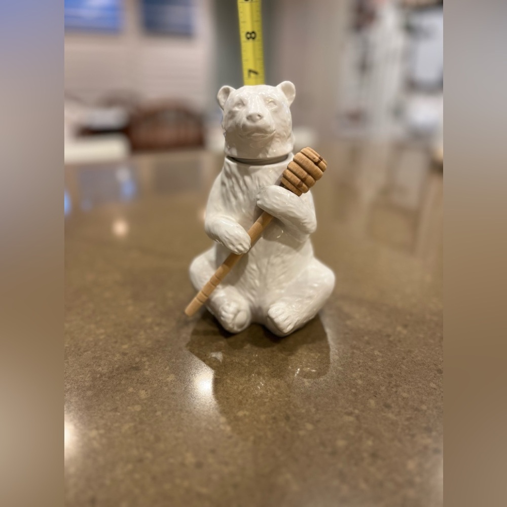 White Ceramic Bear Honey Jar Holding Bamboo Honey Dipper - Creative Co-Op. - Picture 8 of 8